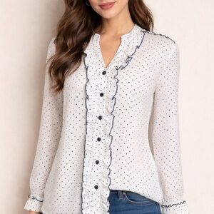 Pure Collection White Polka Dot Ruffle Blouse